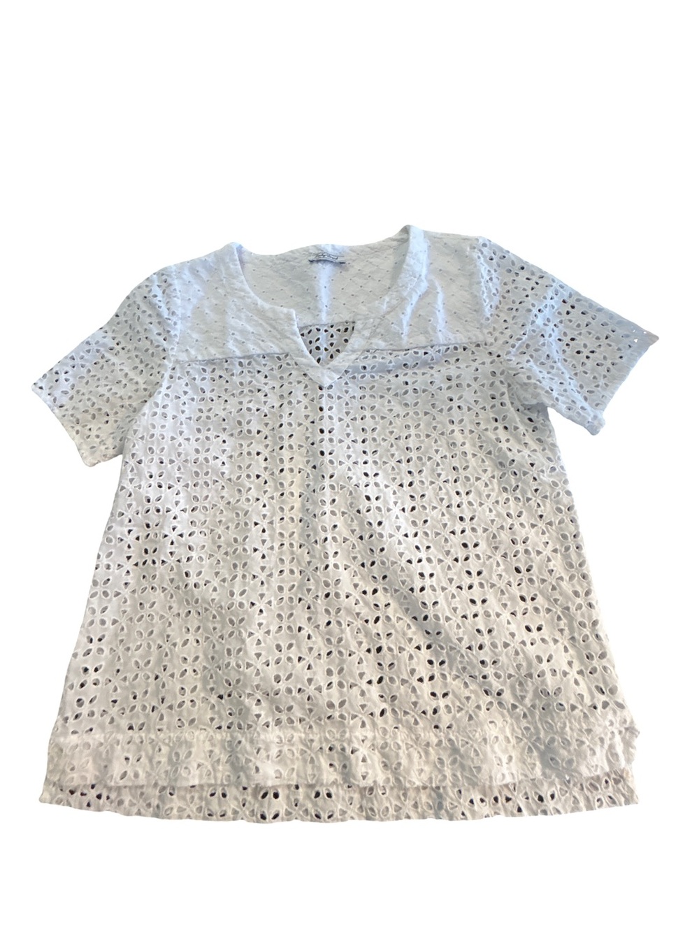 Lucky Brand White Eyelet Lace Embroidered Split Neck Boho Top XS Cottagecore